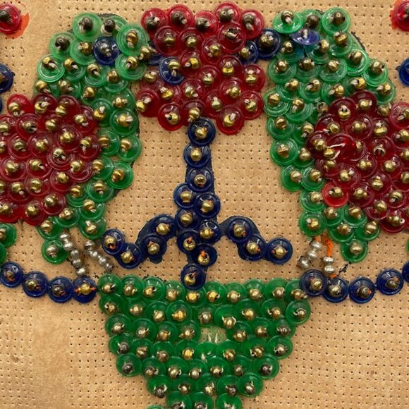 Vintage Plastic Button and Glass Bead Parrots and Flower Paper Backed Picture - Picture 3 of 8